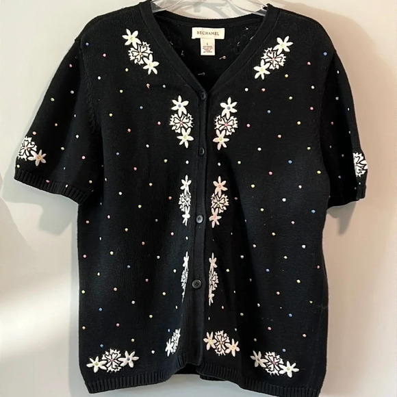 Bechamel - spring floral, short sleeve sweater, L - Picture 1 of 7